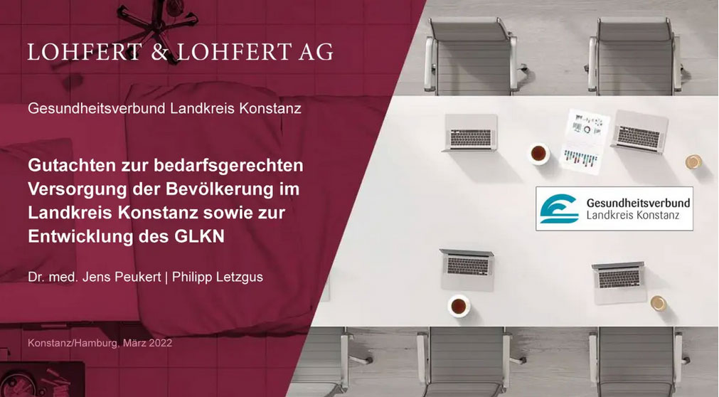 Cover des Gutachtens von der Firma Lohfert und Lohfert.  Gutachten zur bedarfsgerechten Versorgung der Bevölkerung im Landkreis Konstanz sowie zur Entwicklung des GLKN.