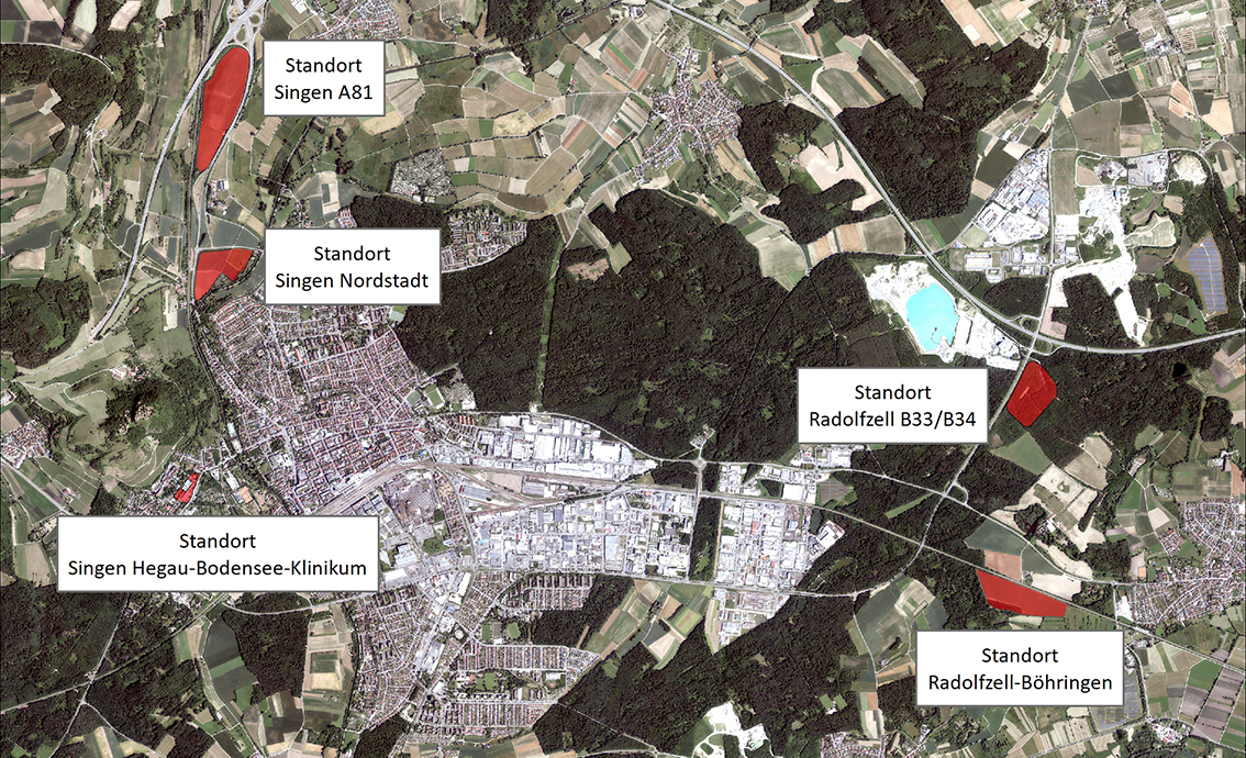 Zusammengefasst sind die 5 eingereichten Grundstücke für den Klinikneubau:  Singen Hegau-Bodensee-Klinikum, Radolfzell B33, Radolfzell Böhringen, Singen Nordstadt, Singen Ausfahrt A81
